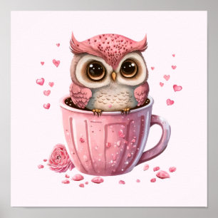 Cute Pink Owl in een Cup Poster