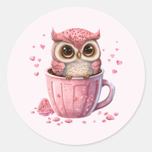 Cute Pink Owl in een Cup Ronde Sticker