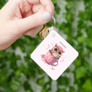 Cute Pink Owl in een Cup Sleutelhanger