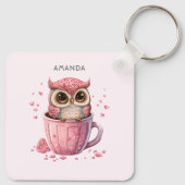 Cute Pink Owl in een Cup Sleutelhanger (Achterkant)