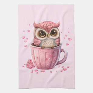 Cute Pink Owl in een Cup Theedoek