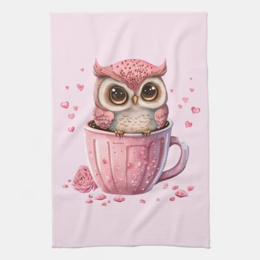 Cute Pink Owl in een Cup Theedoek (Verticaal)