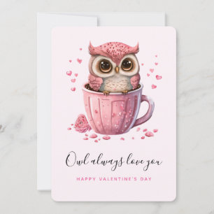 Cute Pink Owl in een Cup Valentijnsdag Feestdagenkaart