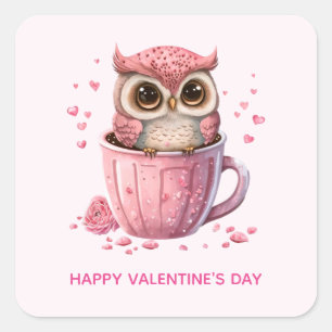 Cute Pink Owl in een Cup Valentijnsdag Vierkante Sticker