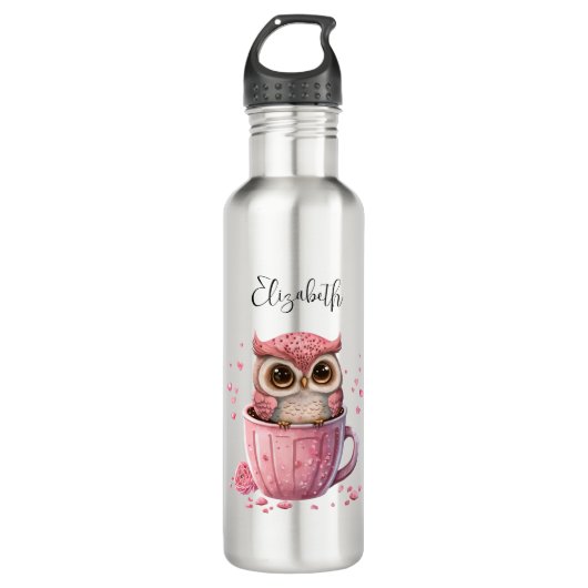 Cute Pink Owl in een Cup Waterfles (Voorkant)