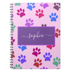 Cute Pink Paarse Dog Cat Lovers Paw Prints Name Notitieboek