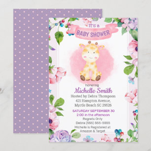 Cute Pink Paarse Giraffe Floral Baby shower Kaart
