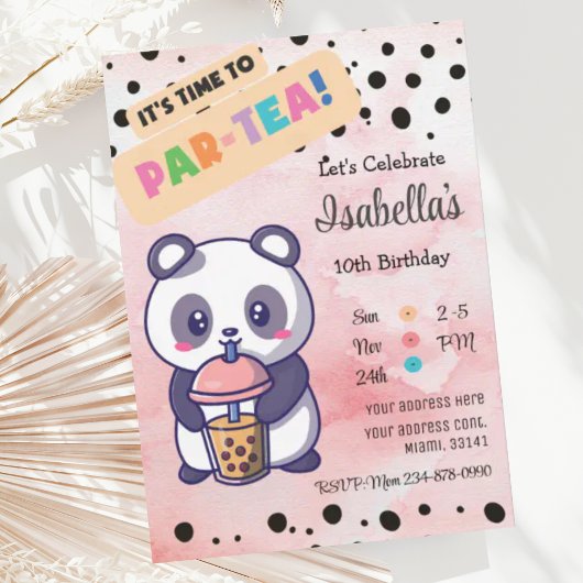 Cute Pink Panda Boba Tea Birthday Uitnodiging
