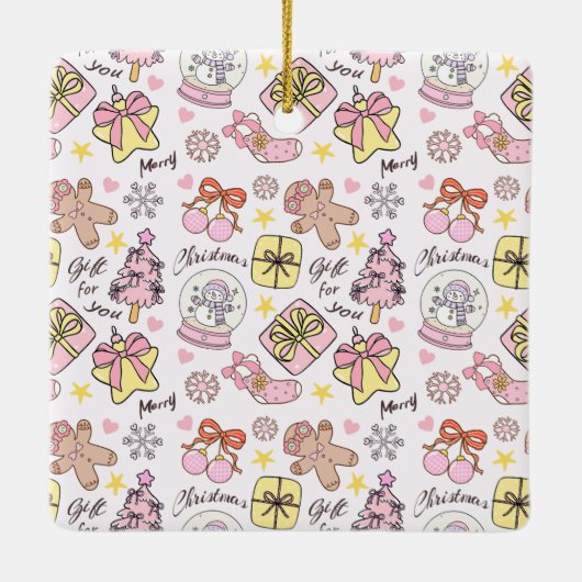 Cute Pink Pastel Christmas Pattern Photo Custom Keramisch Ornament (Achterkant)