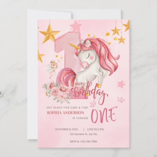 Cute Pink Pastel Unicorn 1st Birthday Invitation (Devant)
