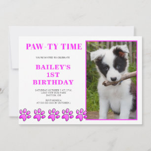 Cute Pink Pawty Time Dog Birthday Uitnodiging
