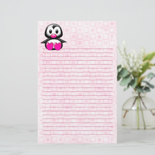 Cute Pink Penguin Lined Briefpapier (Staand voorkant)