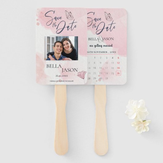 Cute Pink Photo Weddenschap Save the Date Calendar Handwaaier (Voorkant en achterkant)