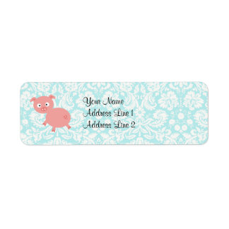 Cute Pink Pig; Blauwgroen Damask Etiket