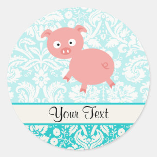 Cute Pink Pig; Blauwgroen Damask Ronde Sticker