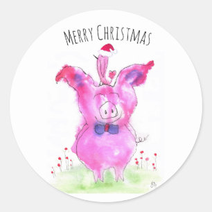 Cute Pink Pig en Bird Kerstmis Ronde Sticker