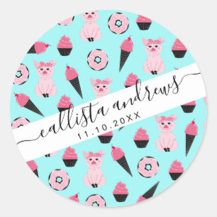 Cute Pink Piggy Donut Ice Cone Patroon Ronde Sticker