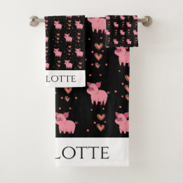 Cute Pink Piggy Hearts Pattern Love Animals Ha Bad Handdoek