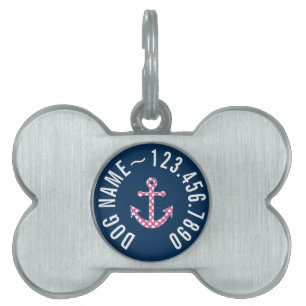Cute Pink Polka Dot Anchor met Navy Custom Name Huisdieren Naamplaatje