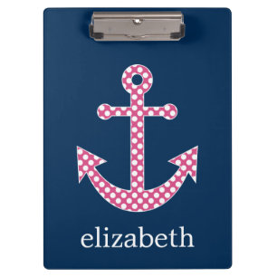 Cute Pink Polka Dot Anchor met Navy Custom Name Klembord