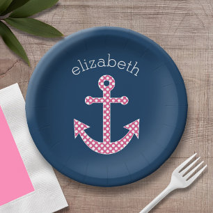 Cute Pink Polka Dot Anchor met Navy Custom Name Papieren Bordje