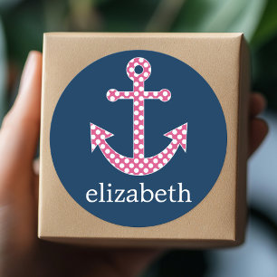 Cute Pink Polka Dot Anchor met Navy Custom Name Ronde Sticker