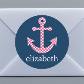 Cute Pink Polka Dot Anchor met Navy Custom Name Ronde Sticker
