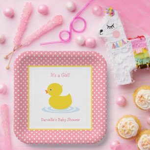 Cute Pink Polka Dot Duck Baby shower Paper Bord