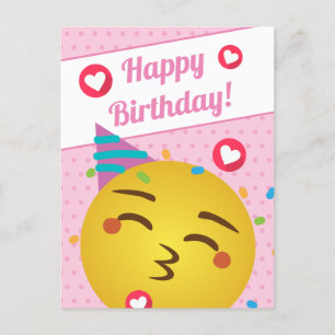 Cute Pink Polka Dot Kiss Emoji Happy Birthday Briefkaart