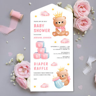Cute Pink Queen Teddy Bear Girl Baby shower All In One Uitnodiging