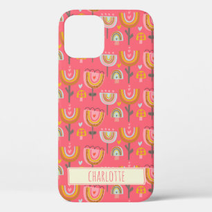 Cute Pink Rainbow Flowers Gepersonaliseerde naam iPhone 12 Hoesje