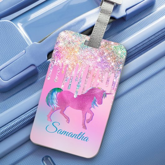 Cute Pink Rainbow unicorn Glitter Drift monogram Bagagelabel