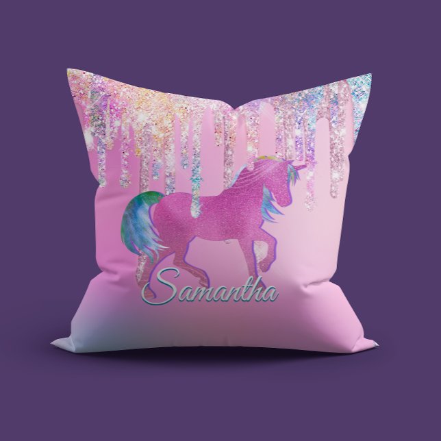 Cute Pink Rainbow unicorn Glitter Drift monogram Kussen (Creator heeft geüpload)