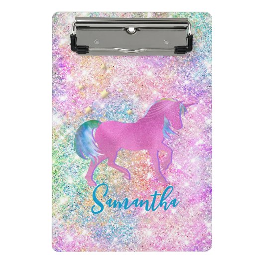 Cute Pink Rainbow unicorn Glitter monogram Mini Klembord (Voorkant)