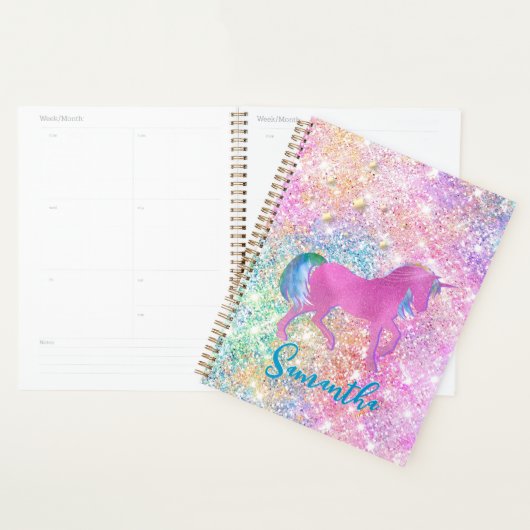 Cute Pink Rainbow unicorn Glitter monogram Planner (Display)