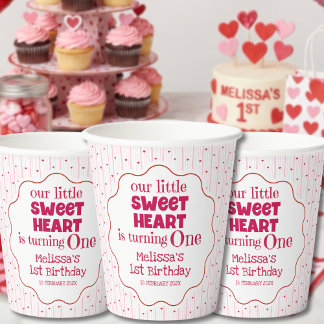 Cute Pink Red Little Sweetheart One Birthday Party Papieren Bekers