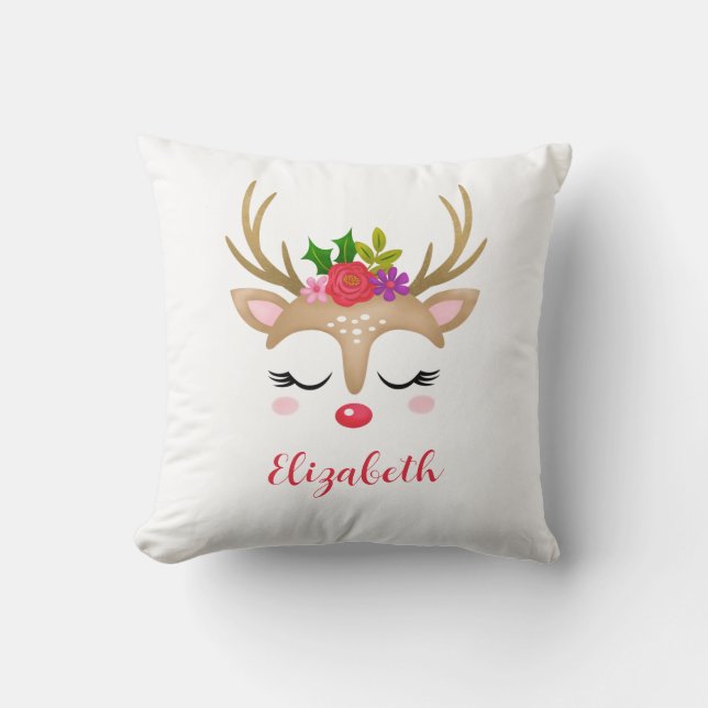 Cute Pink Reindeer Kerstmonogram Kussen (Voorkant)