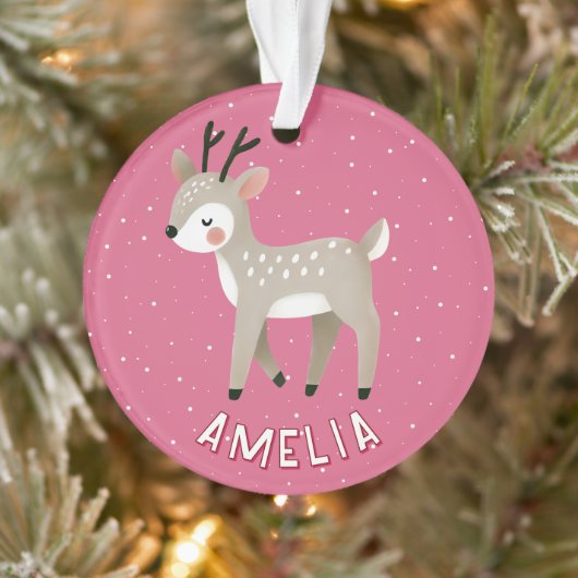 Cute Pink Reindeer Kid`s Name Christmas (Arbre)