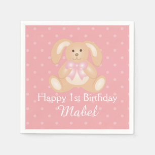 Cute Pink Ribbon Bunny Rabbit First Birthday Party Servet