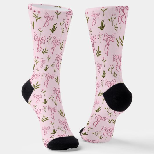 Cute Pink Ribbon Floral Seamless Pattern Sokken (Gebogen)