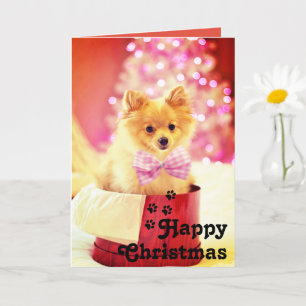 Cute Pink Ribbon Puppy & Happy Kerstmis Kaart
