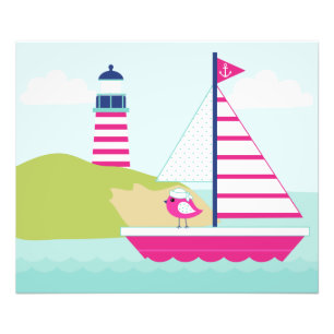 Cute Pink Sail Boat en Lighthouse Foto Afdruk