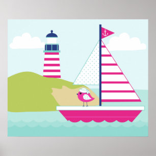 Cute Pink Sail Boat en Lighthouse Poster