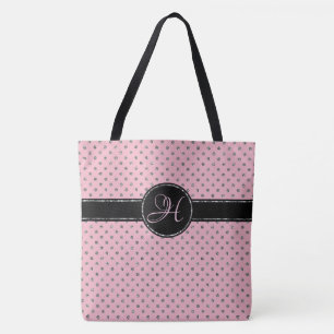 Cute Pink Silver Glitter Polka Dot Monogram Groot Draagtas