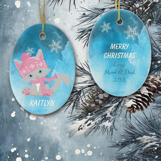 Cute Pink Snowflake Kitten Keramisch Ornament