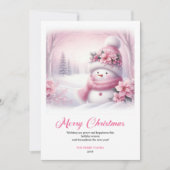 Cute pink snowman Christmas greeting card for kids Feestdagenkaart (Voorkant)