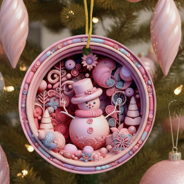 Cute Pink Snowman Christmas Keramisch Ornament