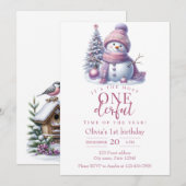 Cute Pink Snowman Winter Birthday Invitation (Devant / Derrière)