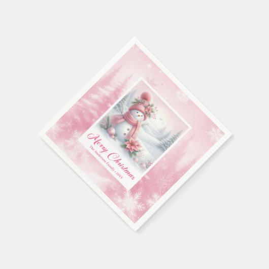 Cute Pink Snowman Winter Scene Christmas Napkins Servet (Hoek)