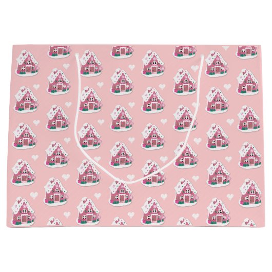 Cute Pink Snowy Gingerbrood House Groot Cadeauzakje (Voorkant)